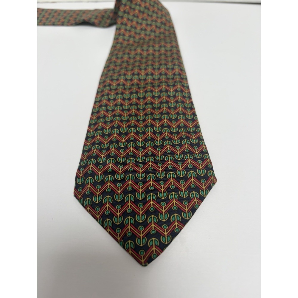 Hermes Tie Herringbone Nautical Anchors Navy/Red/Green Silk‎ 7356 PA 59" Length